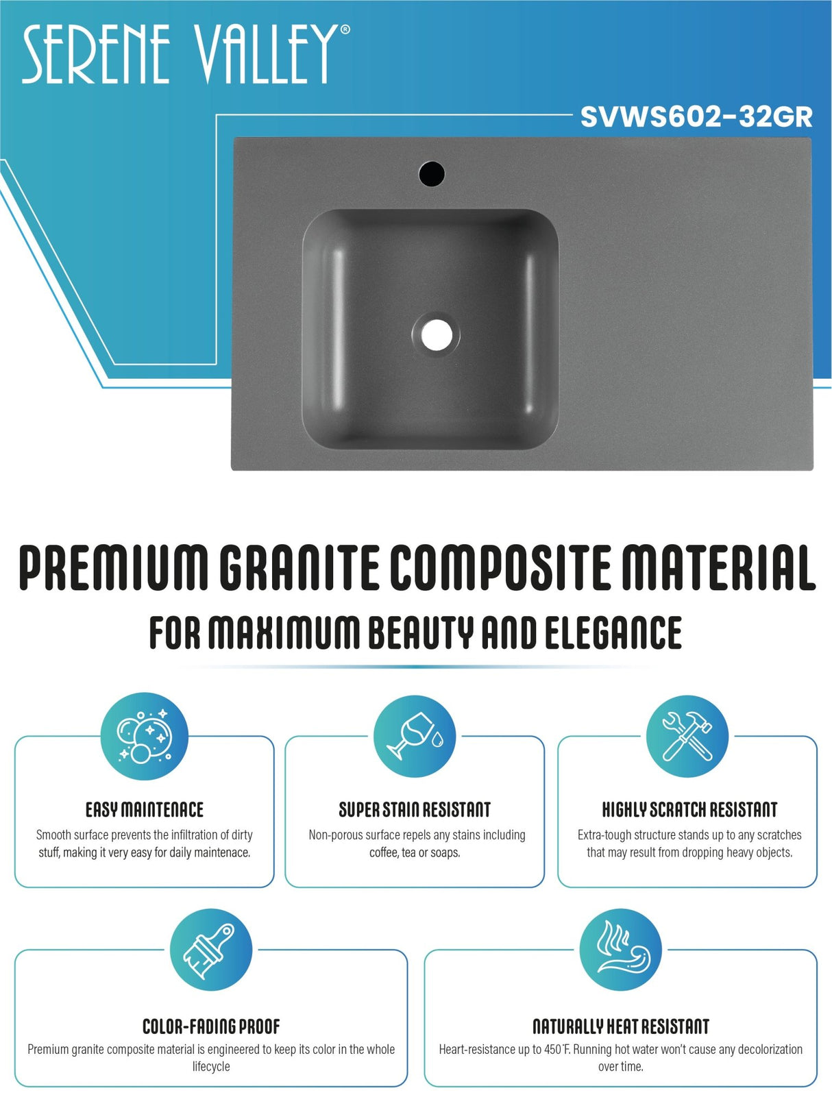 Bathroom Sink, Solid Surface Material, Wall - Mount or Countertop Install, 32" with Single Faucet Hole in Matte Gray, SVWS602 - 32GR - Serene Valley