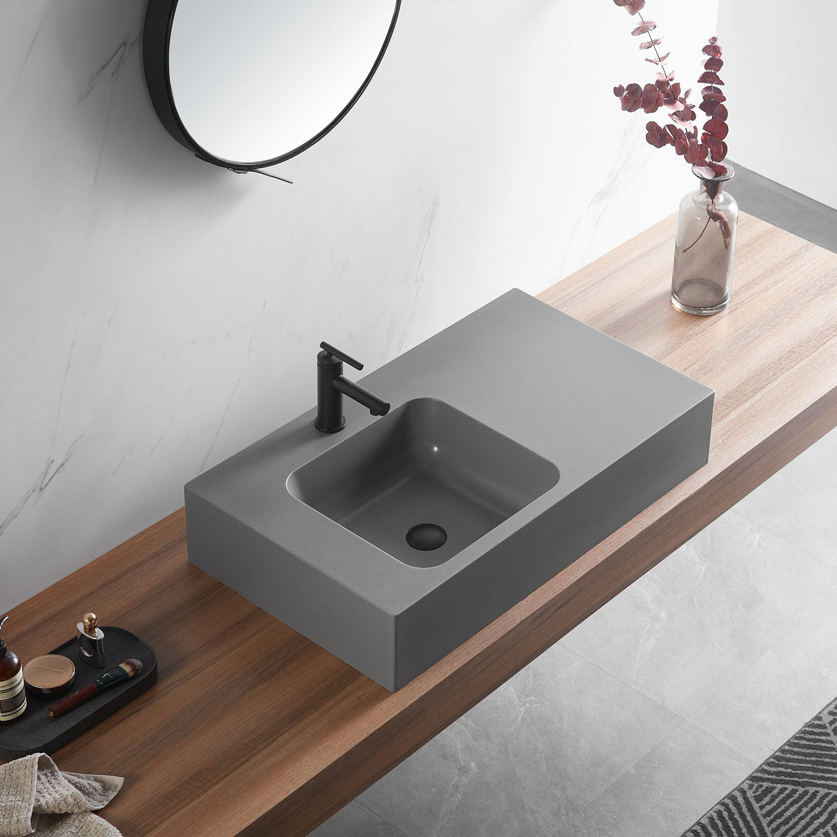 Bathroom Sink, Solid Surface Material, Wall - Mount or Countertop Install, 32" with Single Faucet Hole in Matte Gray, SVWS602 - 32GR - Serene Valley