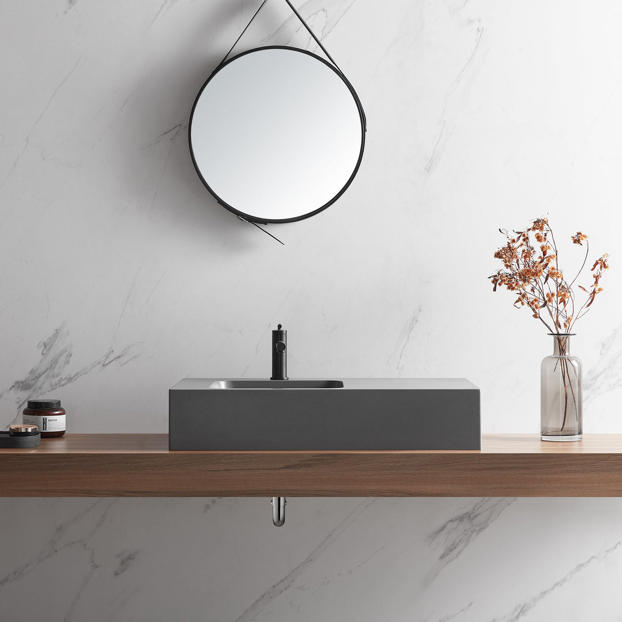 Bathroom Sink, Solid Surface Material, Wall - Mount or Countertop Install, 32" with Single Faucet Hole in Matte Gray, SVWS602 - 32GR - Serene Valley