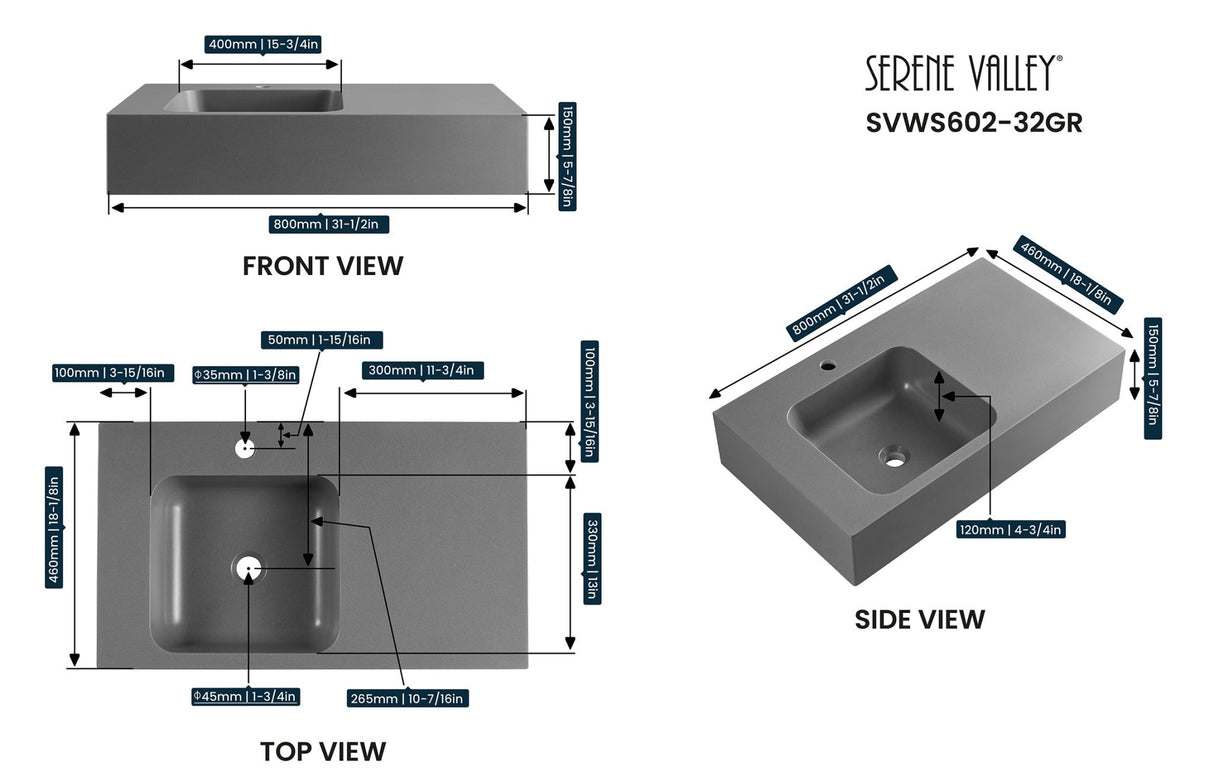 Bathroom Sink, Solid Surface Material, Wall - Mount or Countertop Install, 32" with Single Faucet Hole in Matte Gray, SVWS602 - 32GR - Serene Valley