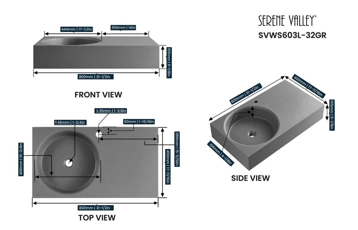 Bathroom Sink, Solid Surface Material, Wall - Mount or Countertop Install, 32" with Single Faucet Hole in Matte Gray, SVWS603L - 32GR - Serene Valley