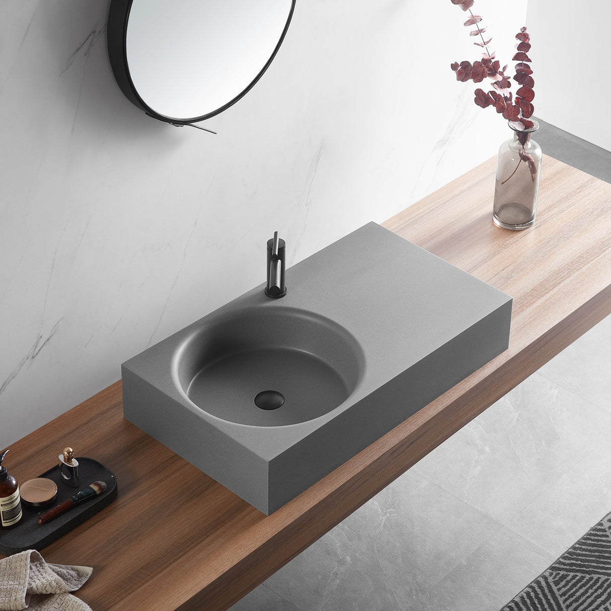 Bathroom Sink, Solid Surface Material, Wall - Mount or Countertop Install, 32" with Single Faucet Hole in Matte Gray, SVWS603L - 32GR - Serene Valley