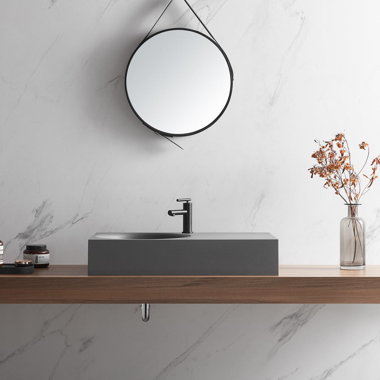 Bathroom Sink, Solid Surface Material, Wall - Mount or Countertop Install, 32" with Single Faucet Hole in Matte Gray, SVWS603L - 32GR - Serene Valley