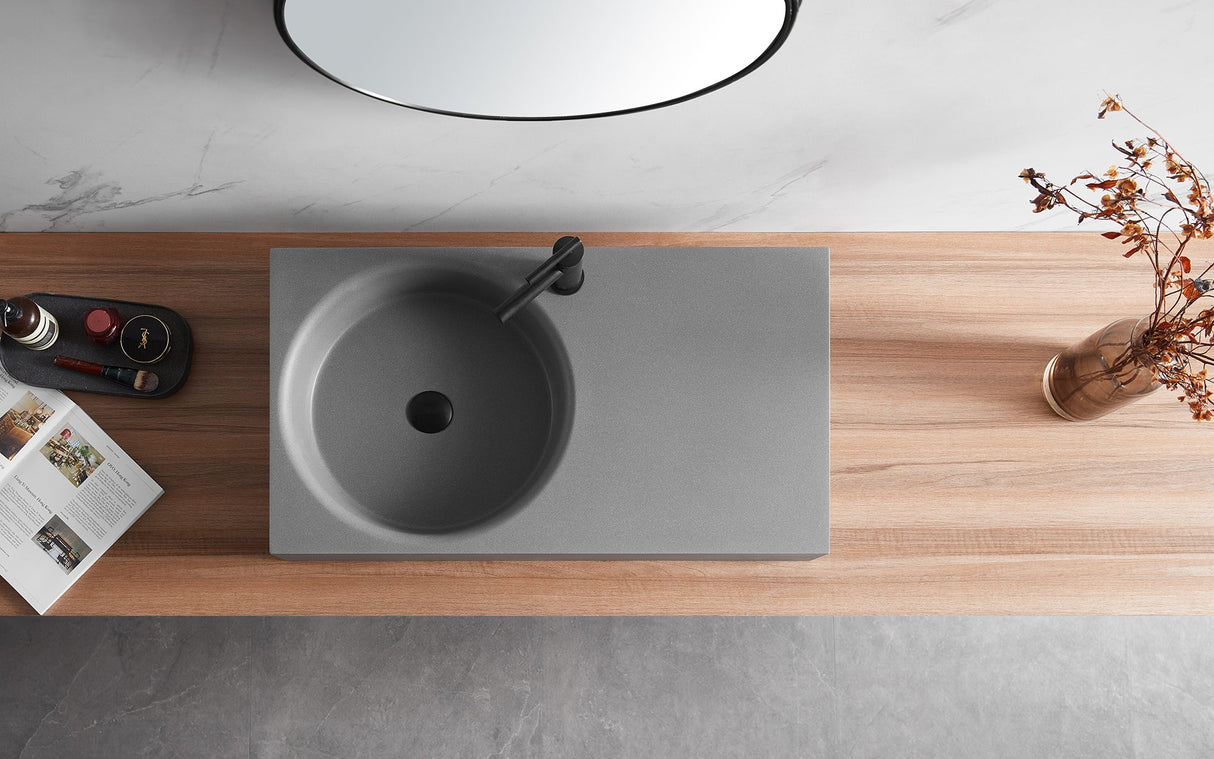 Bathroom Sink, Solid Surface Material, Wall - Mount or Countertop Install, 32" with Single Faucet Hole in Matte Gray, SVWS603L - 32GR - Serene Valley