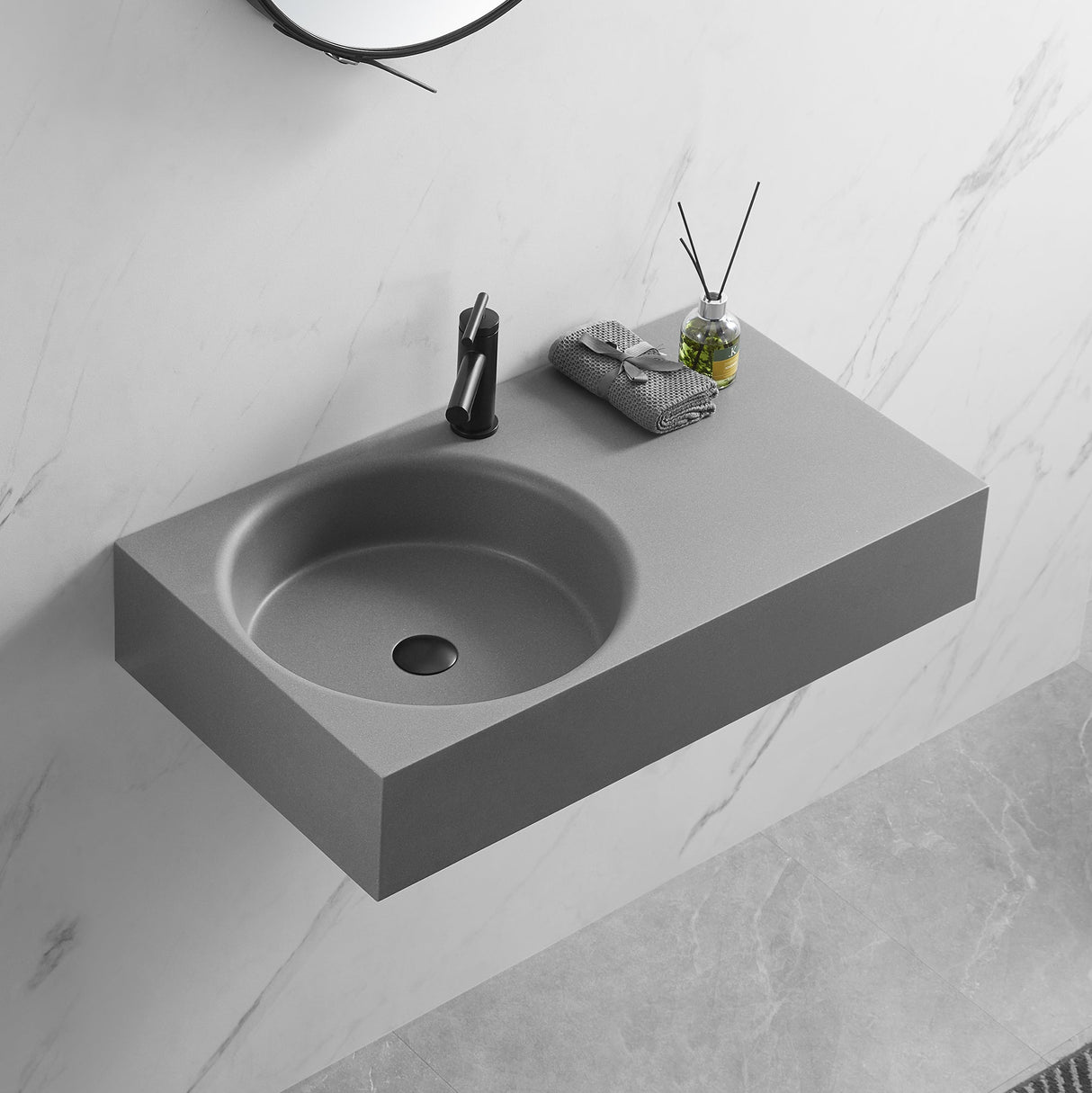 Bathroom Sink, Solid Surface Material, Wall - Mount or Countertop Install, 32" with Single Faucet Hole in Matte Gray, SVWS603L - 32GR - Serene Valley