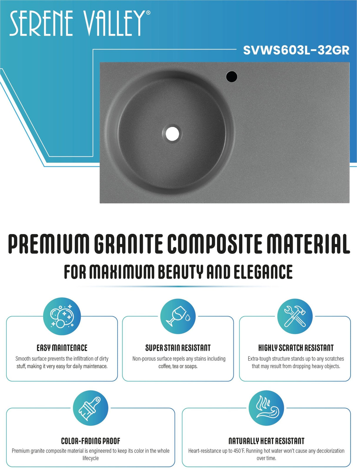 Bathroom Sink, Solid Surface Material, Wall - Mount or Countertop Install, 32" with Single Faucet Hole in Matte Gray, SVWS603L - 32GR - Serene Valley