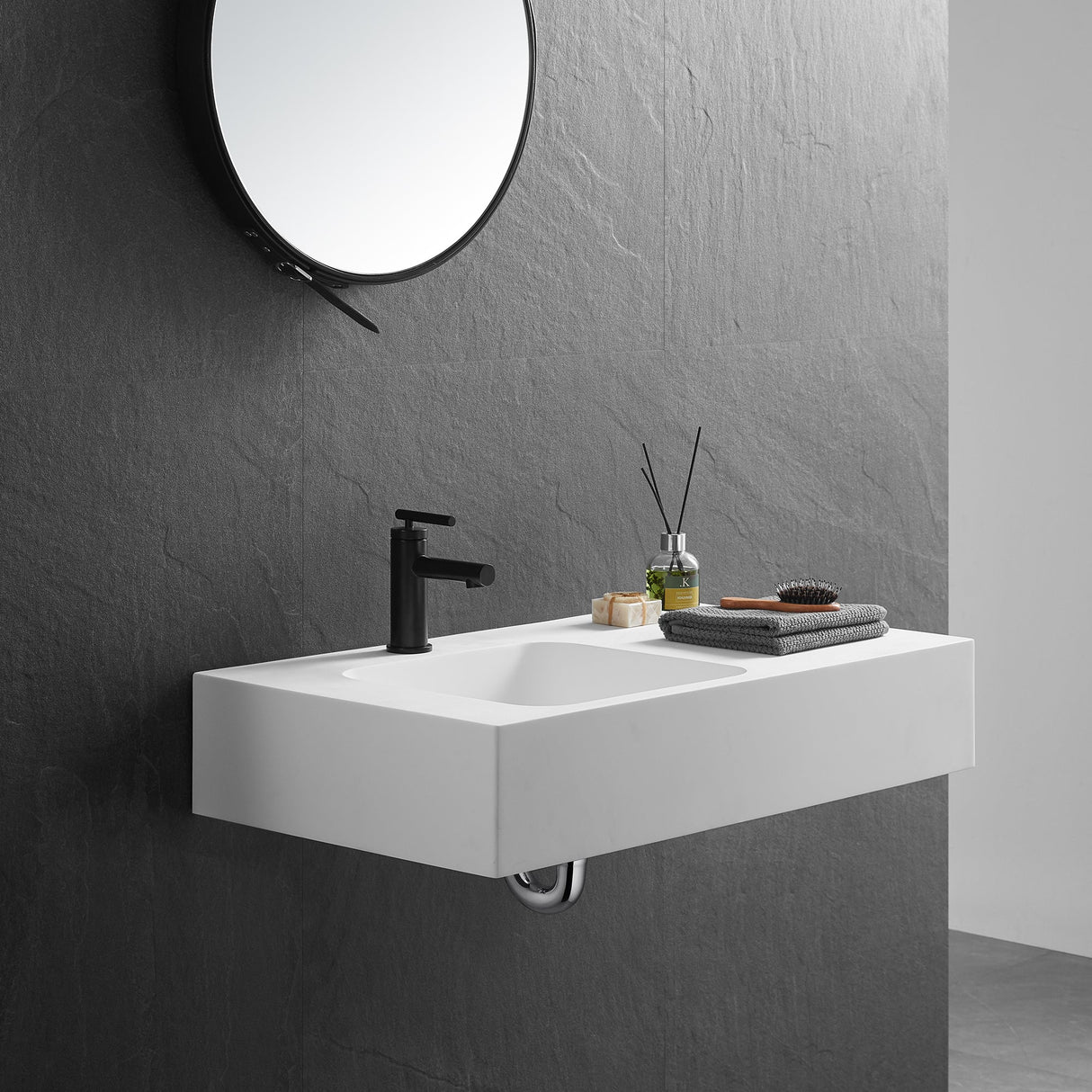 Bathroom Sink, Solid Surface Material, Wall - Mount or Countertop Install, 32" with Single Faucet Hole in Matte White, SVWS602 - 32WH - Serene Valley