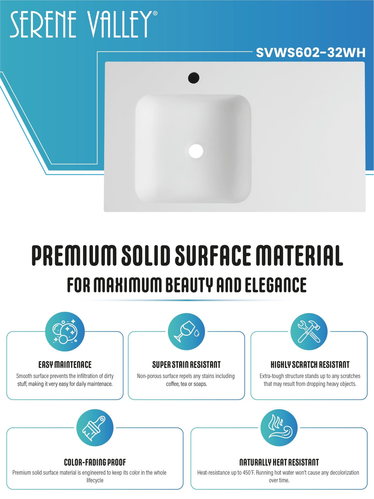 Bathroom Sink, Solid Surface Material, Wall - Mount or Countertop Install, 32" with Single Faucet Hole in Matte White, SVWS602 - 32WH - Serene Valley