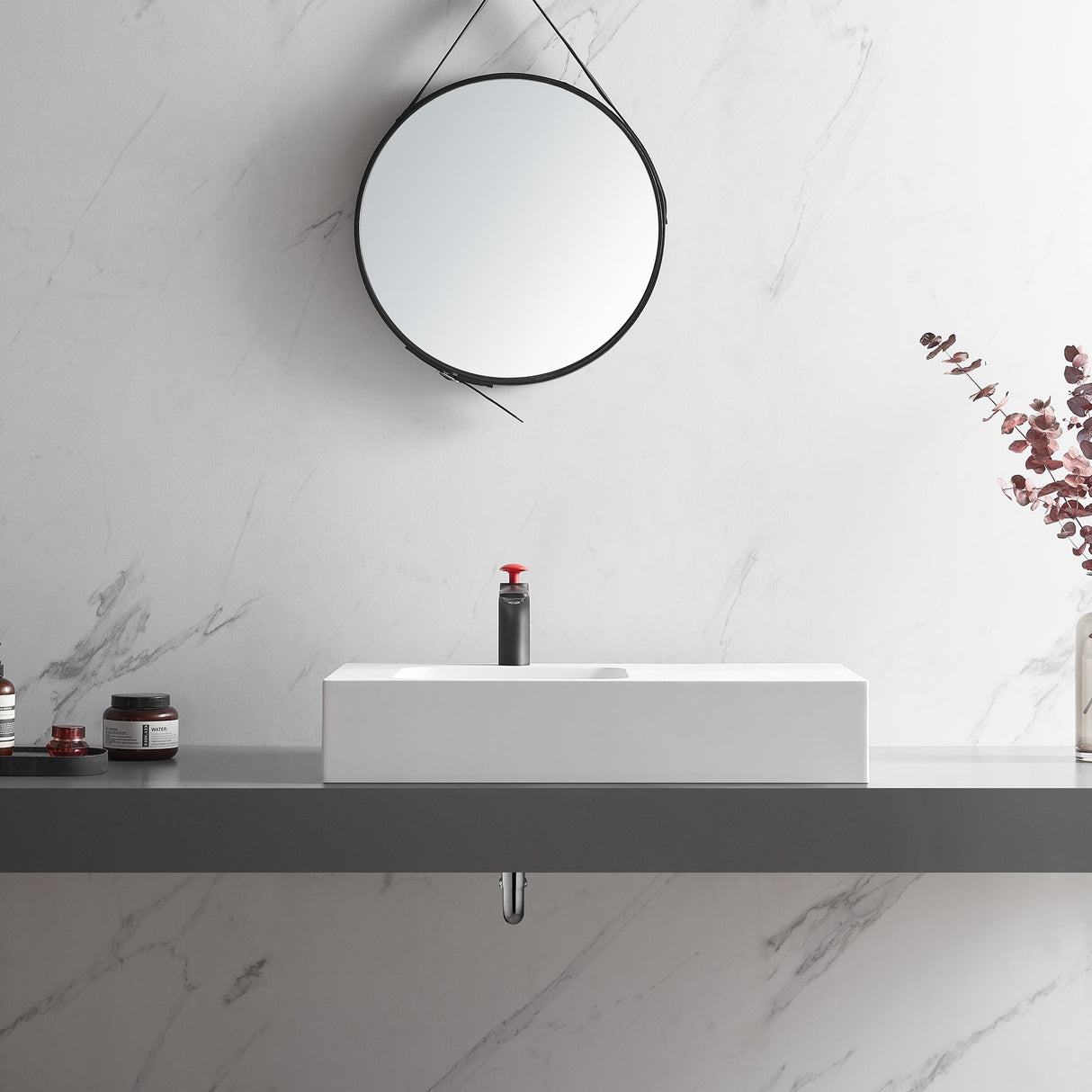 Bathroom Sink, Solid Surface Material, Wall - Mount or Countertop Install, 32" with Single Faucet Hole in Matte White, SVWS602 - 32WH - Serene Valley