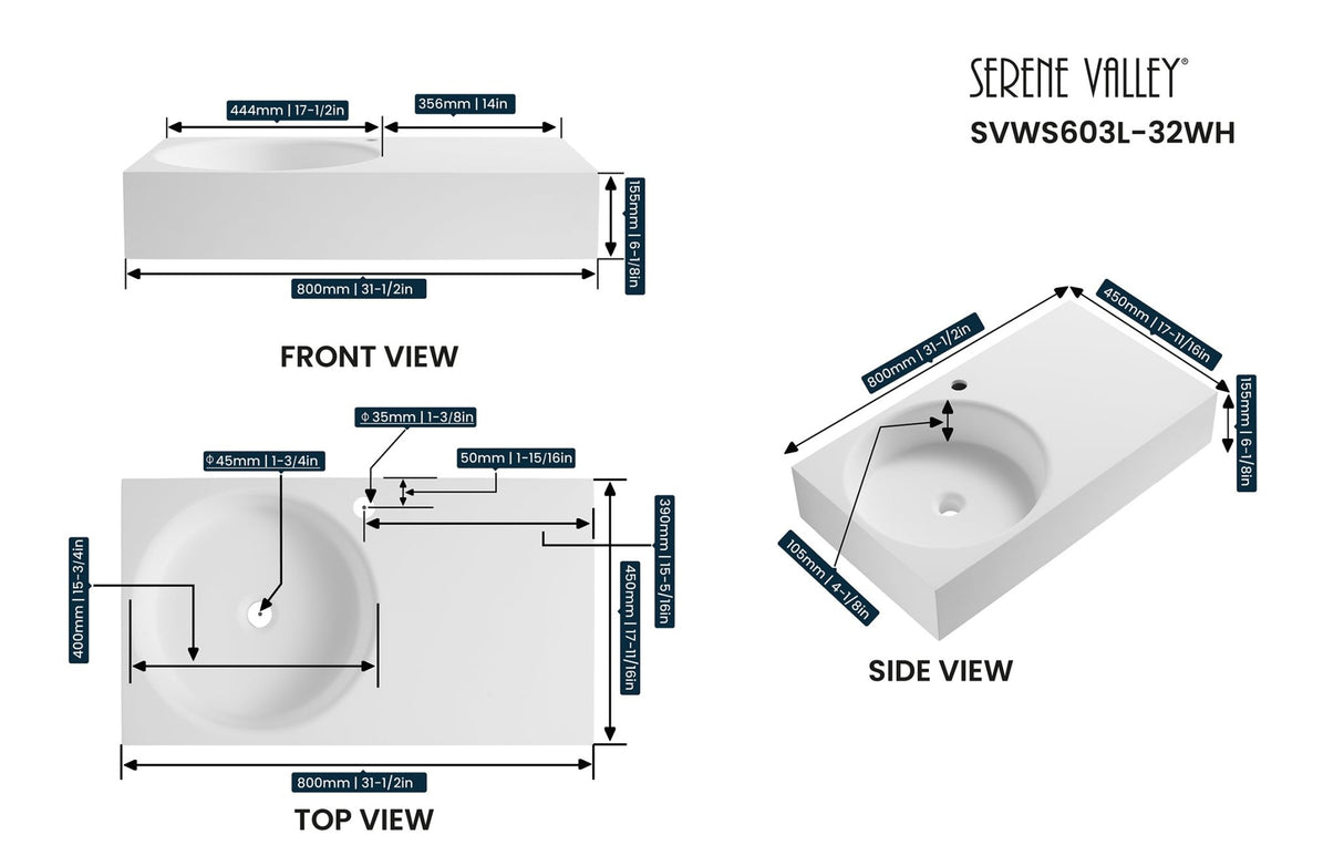 Bathroom Sink, Solid Surface Material, Wall - Mount or Countertop Install, 32" with Single Faucet Hole in Matte White, SVWS603L - 32WH - Serene Valley