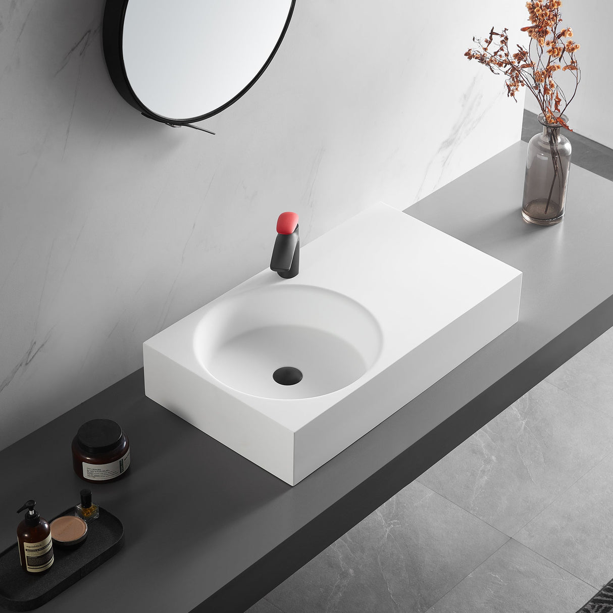 Bathroom Sink, Solid Surface Material, Wall - Mount or Countertop Install, 32" with Single Faucet Hole in Matte White, SVWS603L - 32WH - Serene Valley