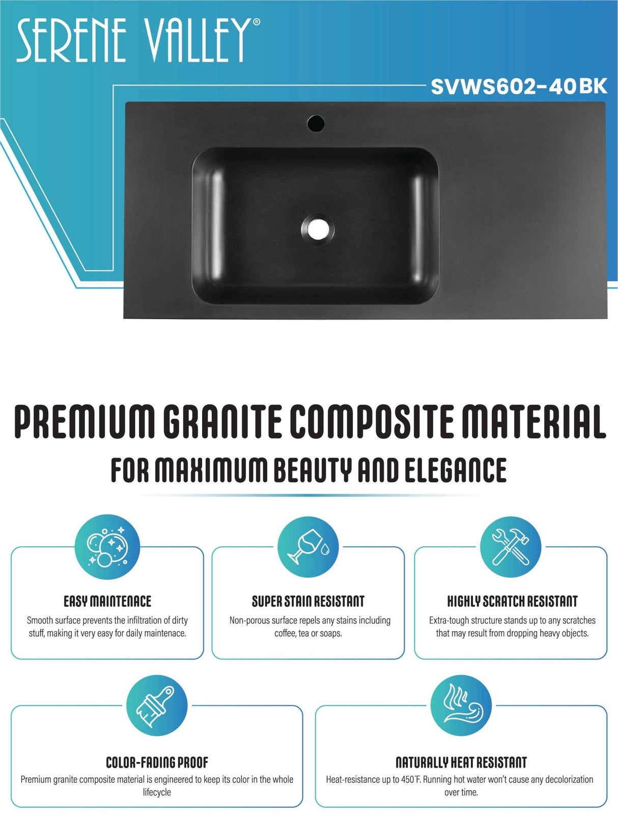 Bathroom Sink, Solid Surface Material, Wall - Mount or Countertop Install, 40" with Single Faucet Hole in Matte Black, SVWS602 - 40BK - Serene Valley