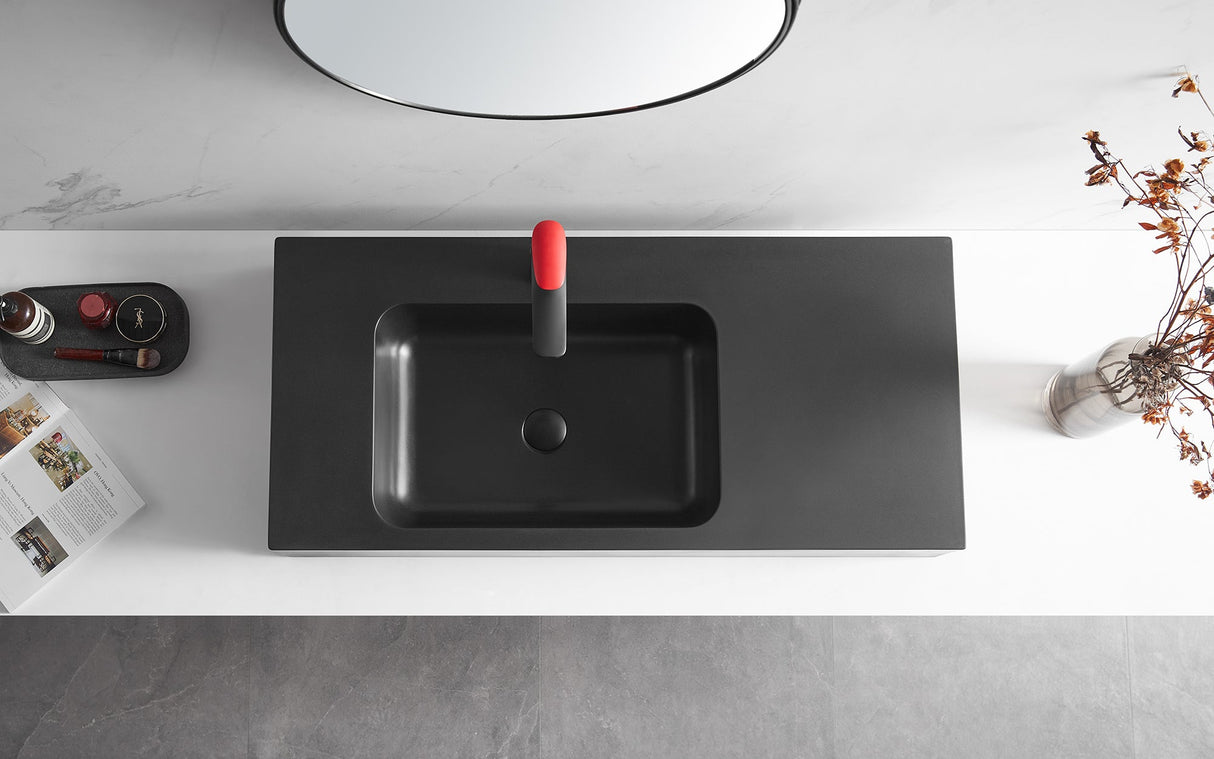 Bathroom Sink, Solid Surface Material, Wall - Mount or Countertop Install, 40" with Single Faucet Hole in Matte Black, SVWS602 - 40BK - Serene Valley