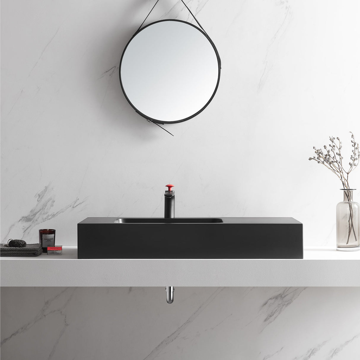 Bathroom Sink, Solid Surface Material, Wall - Mount or Countertop Install, 40" with Single Faucet Hole in Matte Black, SVWS602 - 40BK - Serene Valley