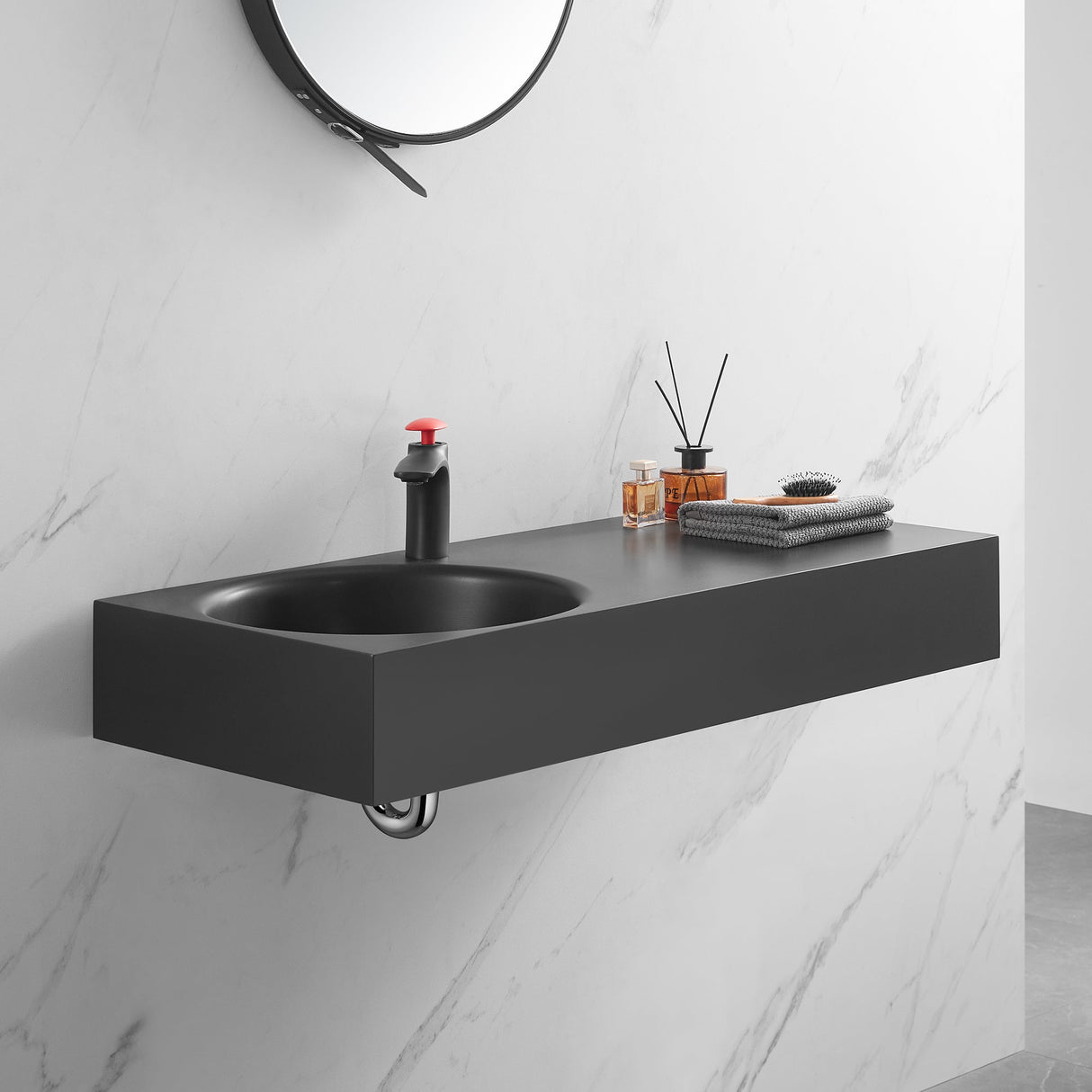 Bathroom Sink, Solid Surface Material, Wall - Mount or Countertop Install, 40" with Single Faucet Hole in Matte Black, SVWS603L - 40BK - Serene Valley