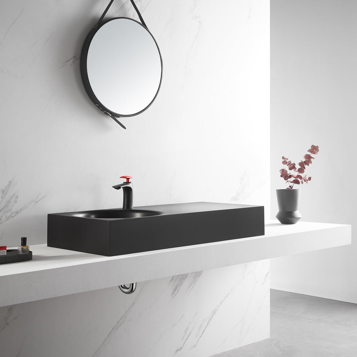 Bathroom Sink, Solid Surface Material, Wall - Mount or Countertop Install, 40" with Single Faucet Hole in Matte Black, SVWS603L - 40BK - Serene Valley