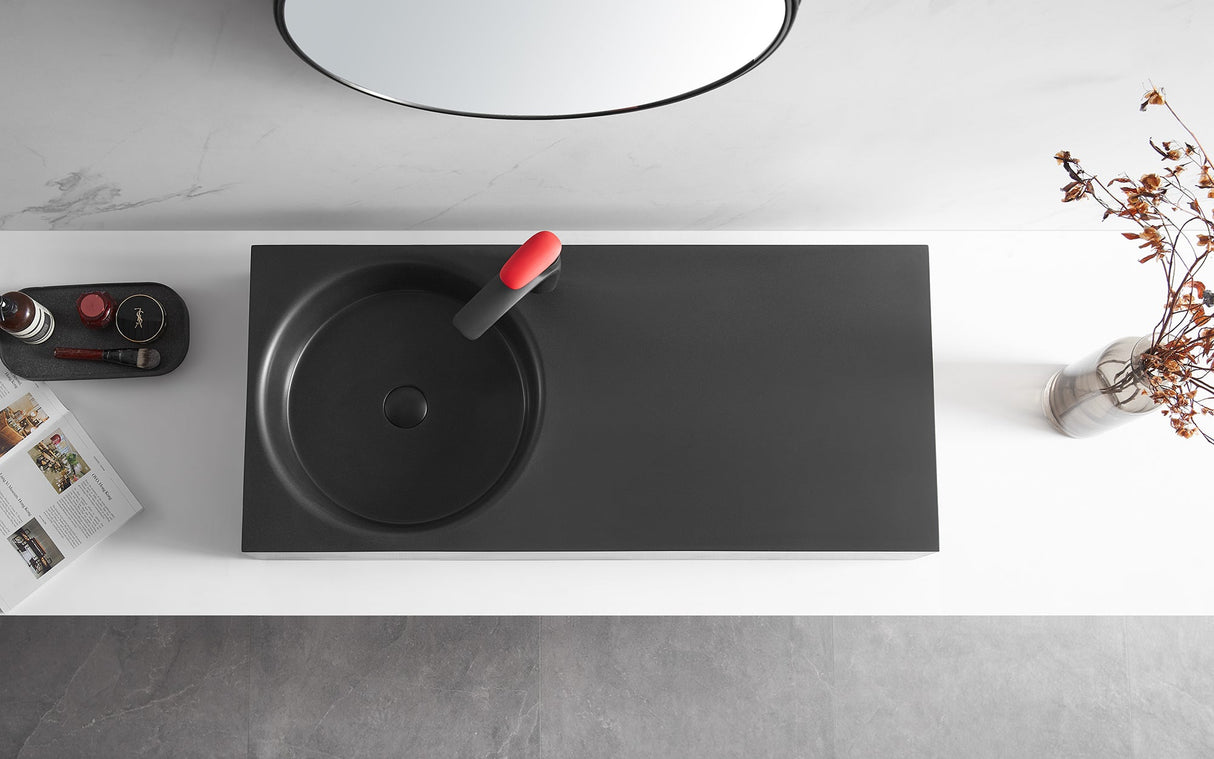 Bathroom Sink, Solid Surface Material, Wall - Mount or Countertop Install, 40" with Single Faucet Hole in Matte Black, SVWS603L - 40BK - Serene Valley