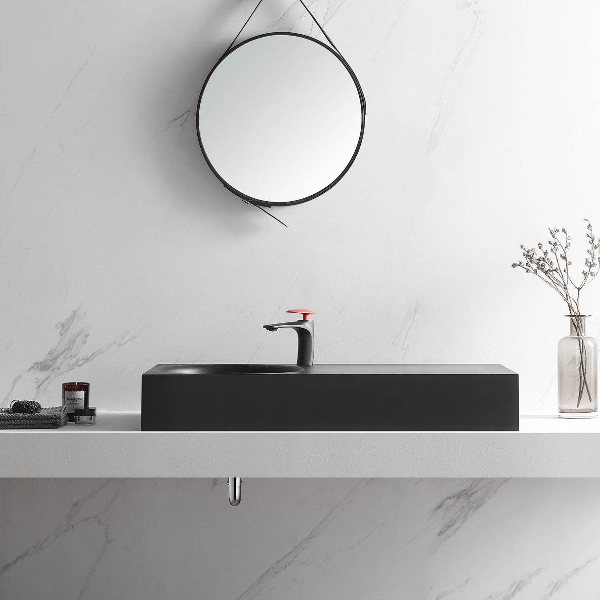 Bathroom Sink, Solid Surface Material, Wall - Mount or Countertop Install, 40" with Single Faucet Hole in Matte Black, SVWS603L - 40BK - Serene Valley