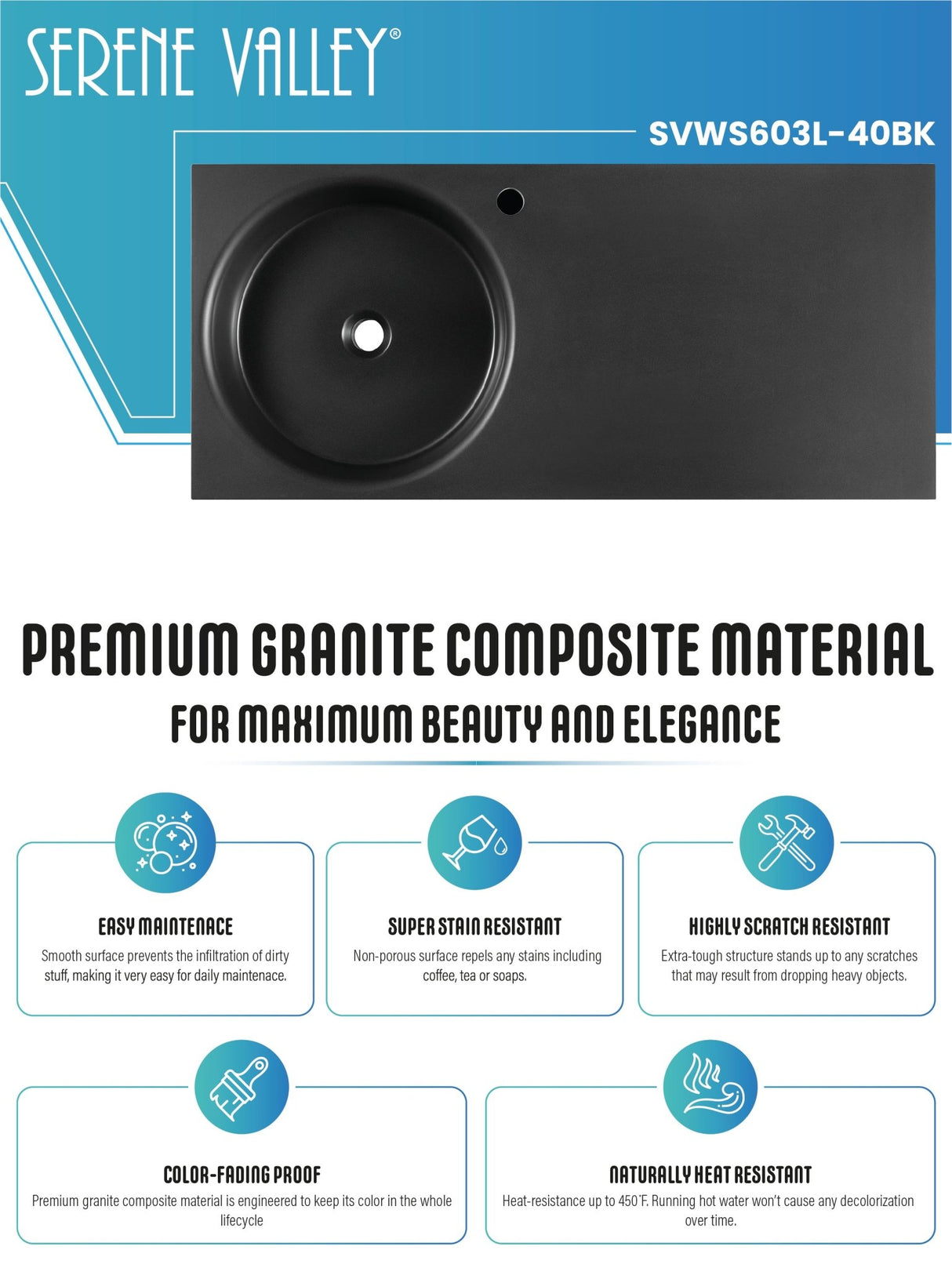 Bathroom Sink, Solid Surface Material, Wall - Mount or Countertop Install, 40" with Single Faucet Hole in Matte Black, SVWS603L - 40BK - Serene Valley