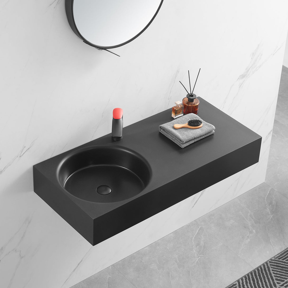 Bathroom Sink, Solid Surface Material, Wall - Mount or Countertop Install, 40" with Single Faucet Hole in Matte Black, SVWS603L - 40BK - Serene Valley