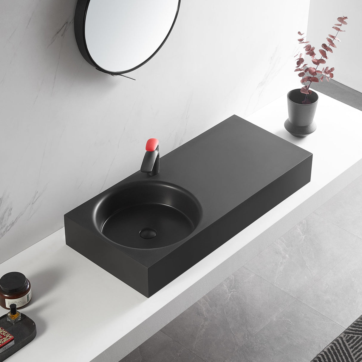 Bathroom Sink, Solid Surface Material, Wall - Mount or Countertop Install, 40" with Single Faucet Hole in Matte Black, SVWS603L - 40BK - Serene Valley