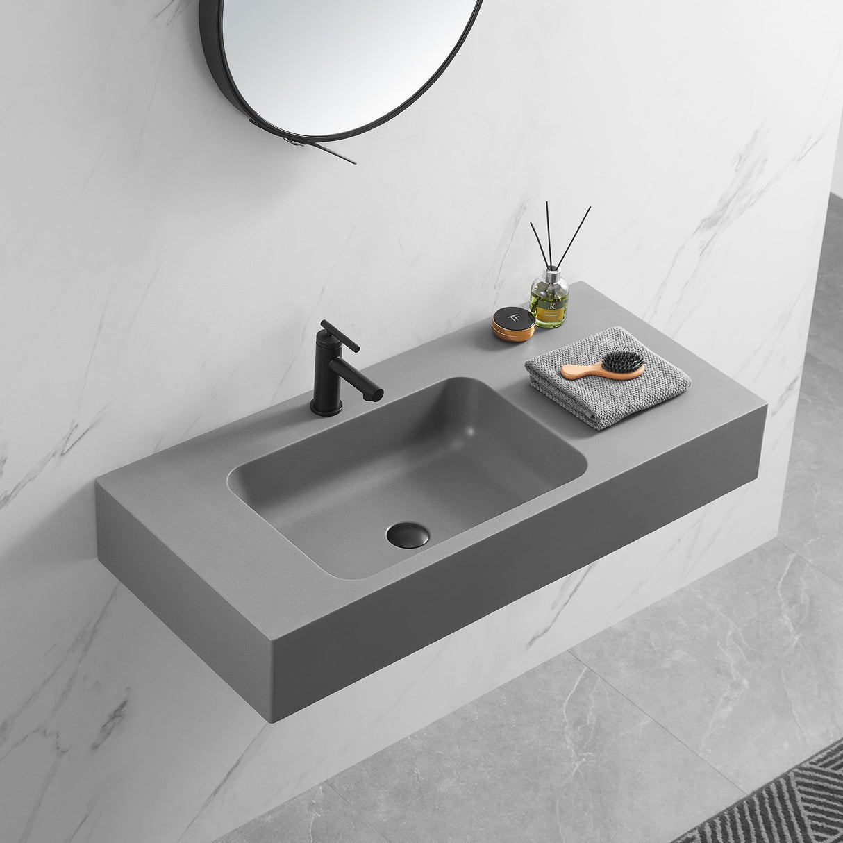 Bathroom Sink, Solid Surface Material, Wall - Mount or Countertop Install, 40" with Single Faucet Hole in Matte Gray, SVWS602 - 40GR - Serene Valley