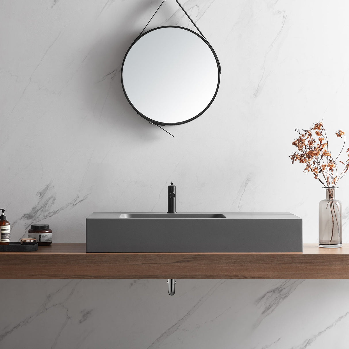 Bathroom Sink, Solid Surface Material, Wall - Mount or Countertop Install, 40" with Single Faucet Hole in Matte Gray, SVWS602 - 40GR - Serene Valley