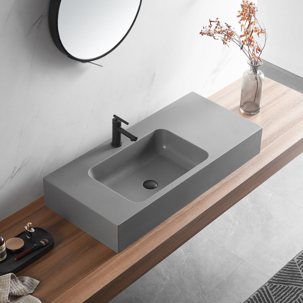 Bathroom Sink, Solid Surface Material, Wall - Mount or Countertop Install, 40" with Single Faucet Hole in Matte Gray, SVWS602 - 40GR - Serene Valley