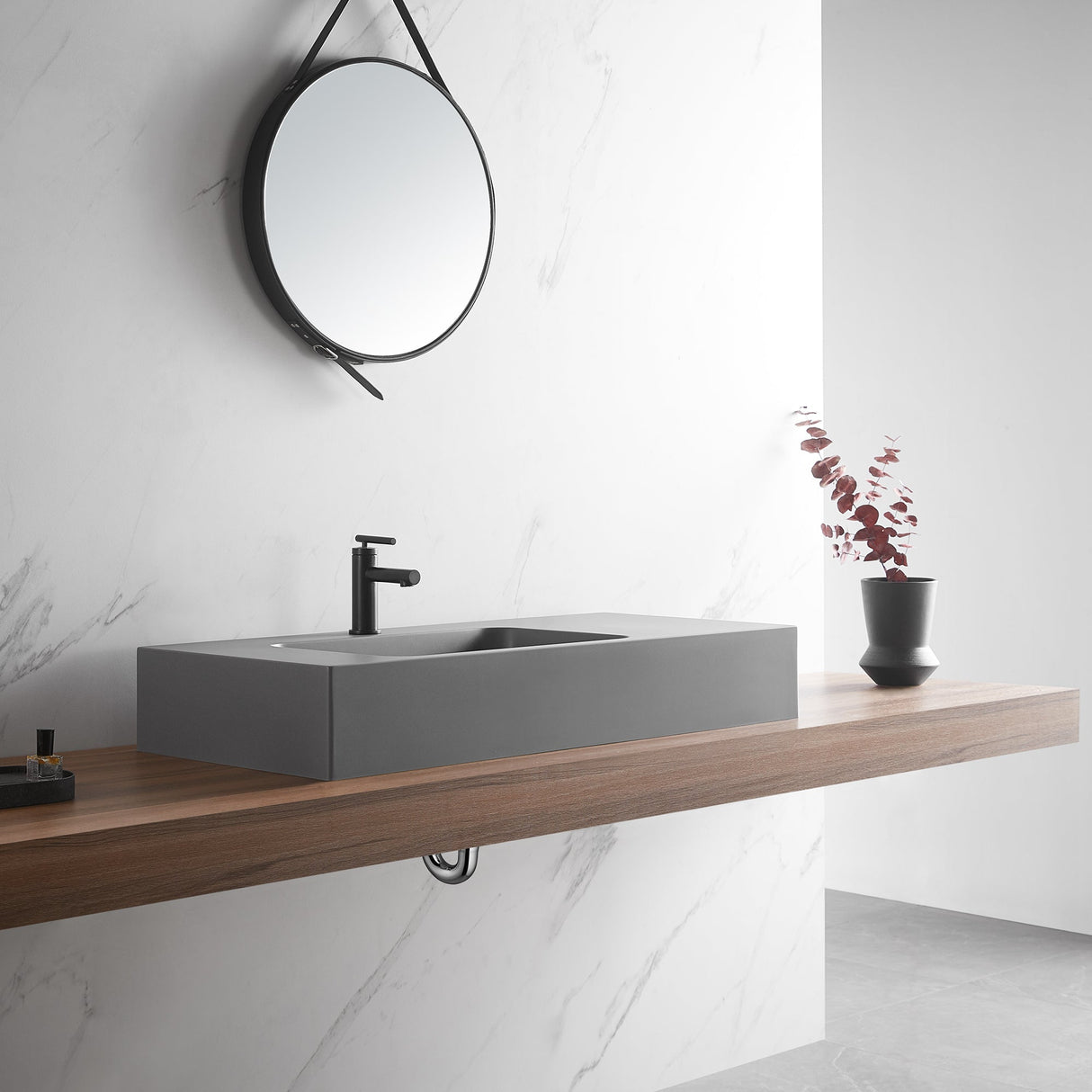 Bathroom Sink, Solid Surface Material, Wall - Mount or Countertop Install, 40" with Single Faucet Hole in Matte Gray, SVWS602 - 40GR - Serene Valley