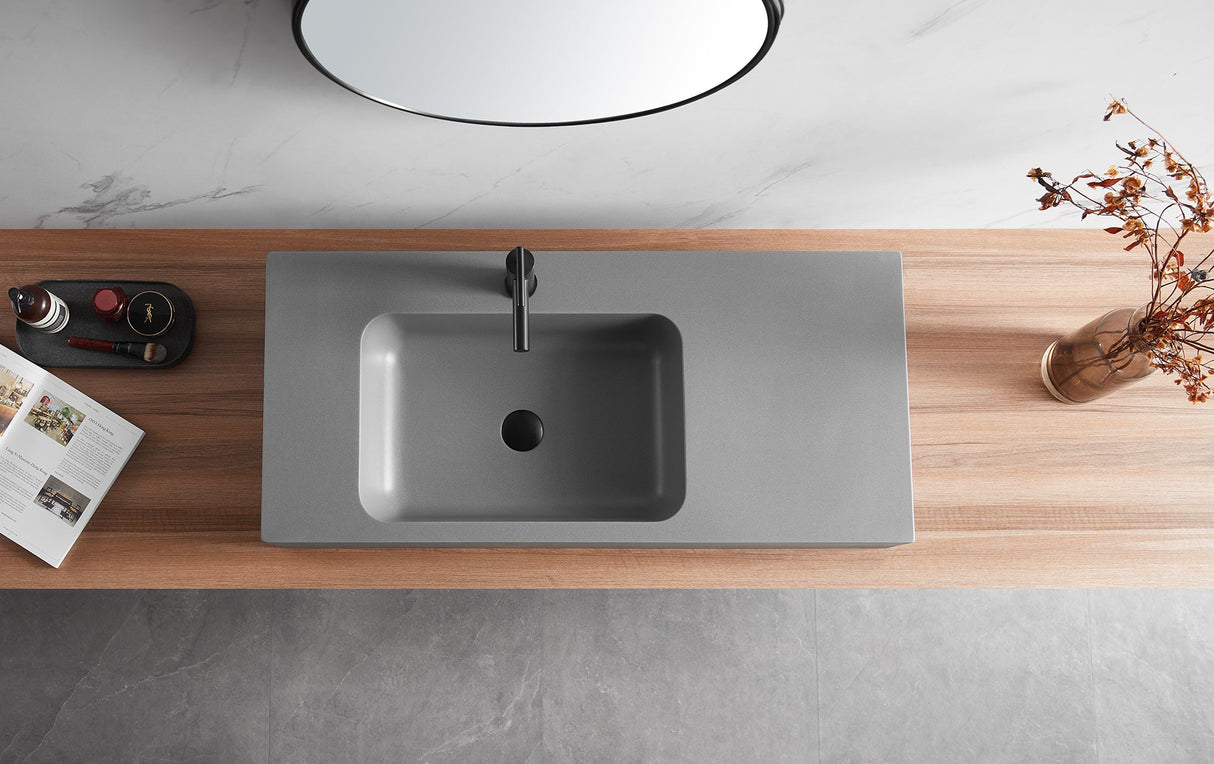 Bathroom Sink, Solid Surface Material, Wall - Mount or Countertop Install, 40" with Single Faucet Hole in Matte Gray, SVWS602 - 40GR - Serene Valley