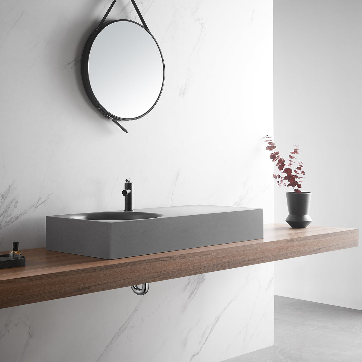 Bathroom Sink, Solid Surface Material, Wall - Mount or Countertop Install, 40" with Single Faucet Hole in Matte Gray, SVWS603L - 40GR - Serene Valley