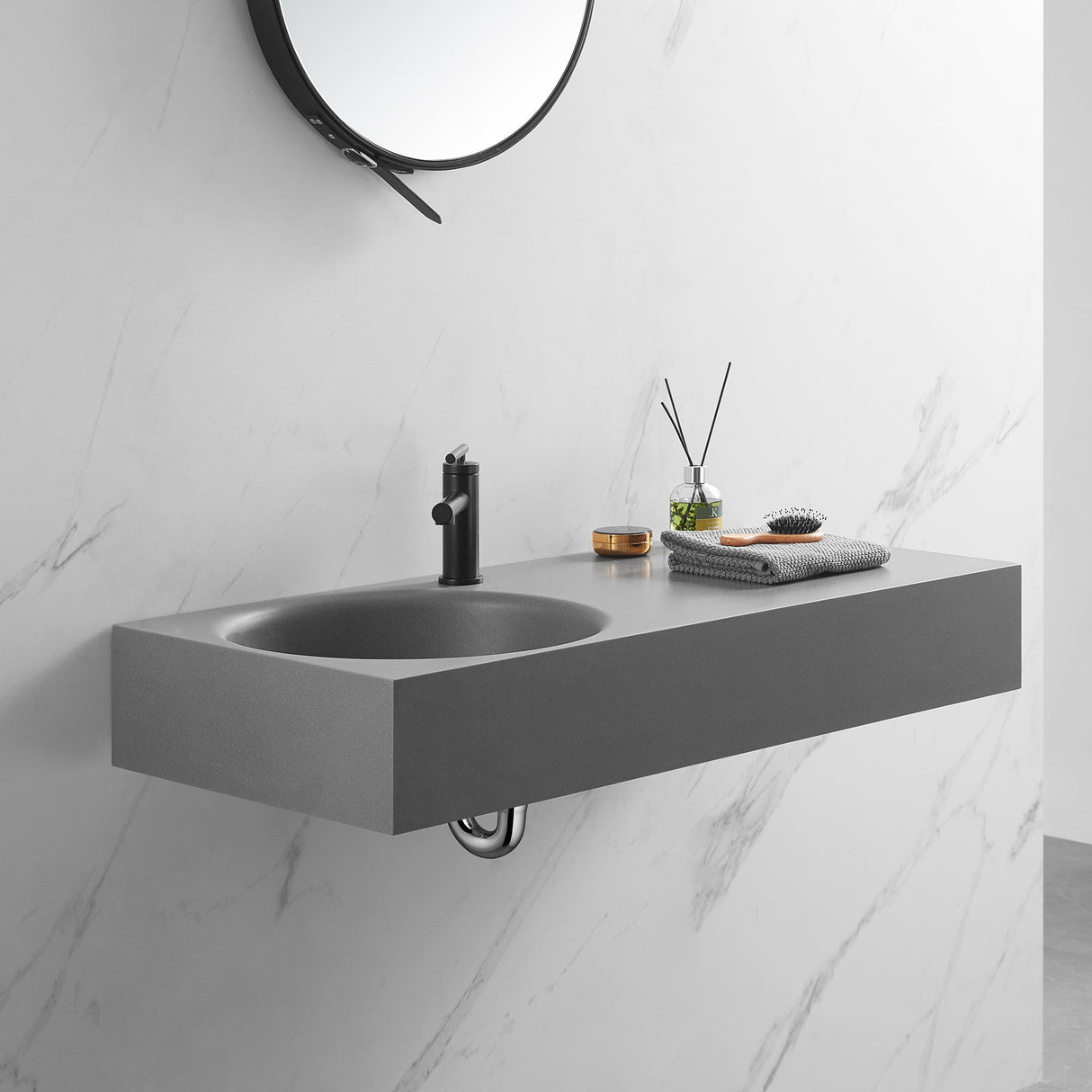 Bathroom Sink, Solid Surface Material, Wall - Mount or Countertop Install, 40" with Single Faucet Hole in Matte Gray, SVWS603L - 40GR - Serene Valley