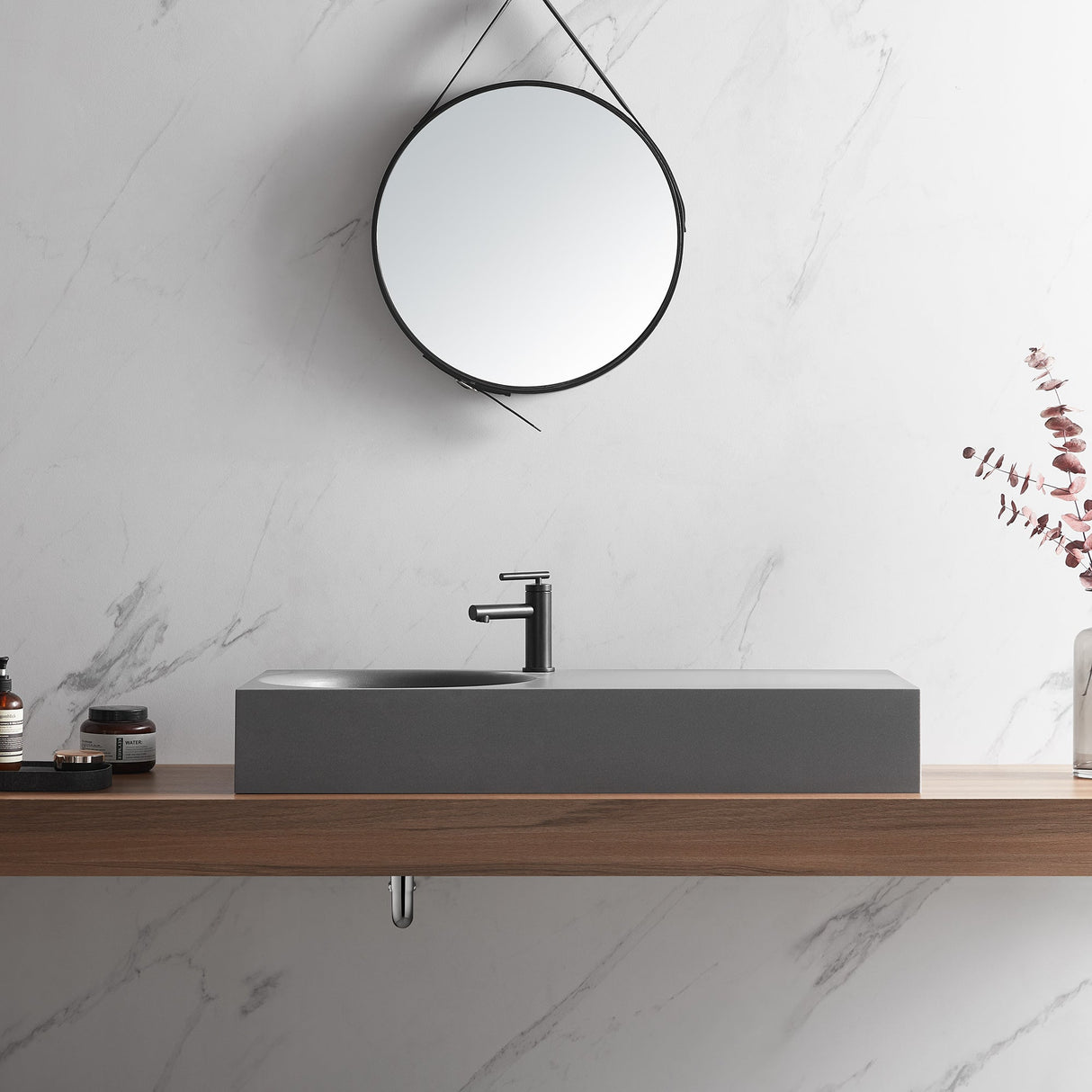 Bathroom Sink, Solid Surface Material, Wall - Mount or Countertop Install, 40" with Single Faucet Hole in Matte Gray, SVWS603L - 40GR - Serene Valley