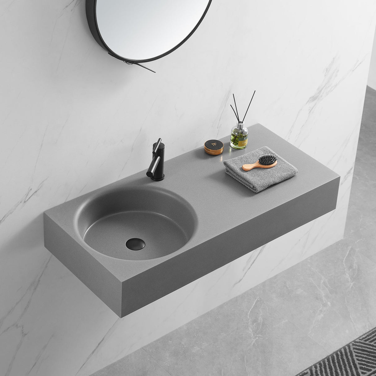 Bathroom Sink, Solid Surface Material, Wall - Mount or Countertop Install, 40" with Single Faucet Hole in Matte Gray, SVWS603L - 40GR - Serene Valley