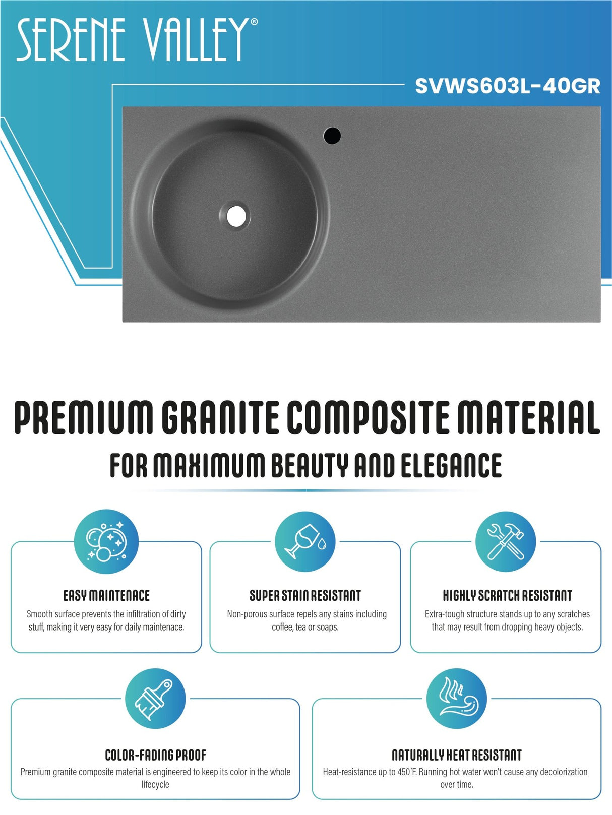 Bathroom Sink, Solid Surface Material, Wall - Mount or Countertop Install, 40" with Single Faucet Hole in Matte Gray, SVWS603L - 40GR - Serene Valley