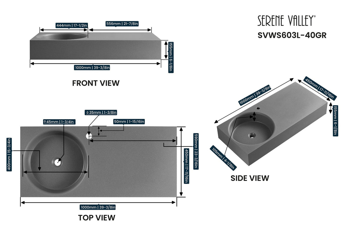 Bathroom Sink, Solid Surface Material, Wall - Mount or Countertop Install, 40" with Single Faucet Hole in Matte Gray, SVWS603L - 40GR - Serene Valley