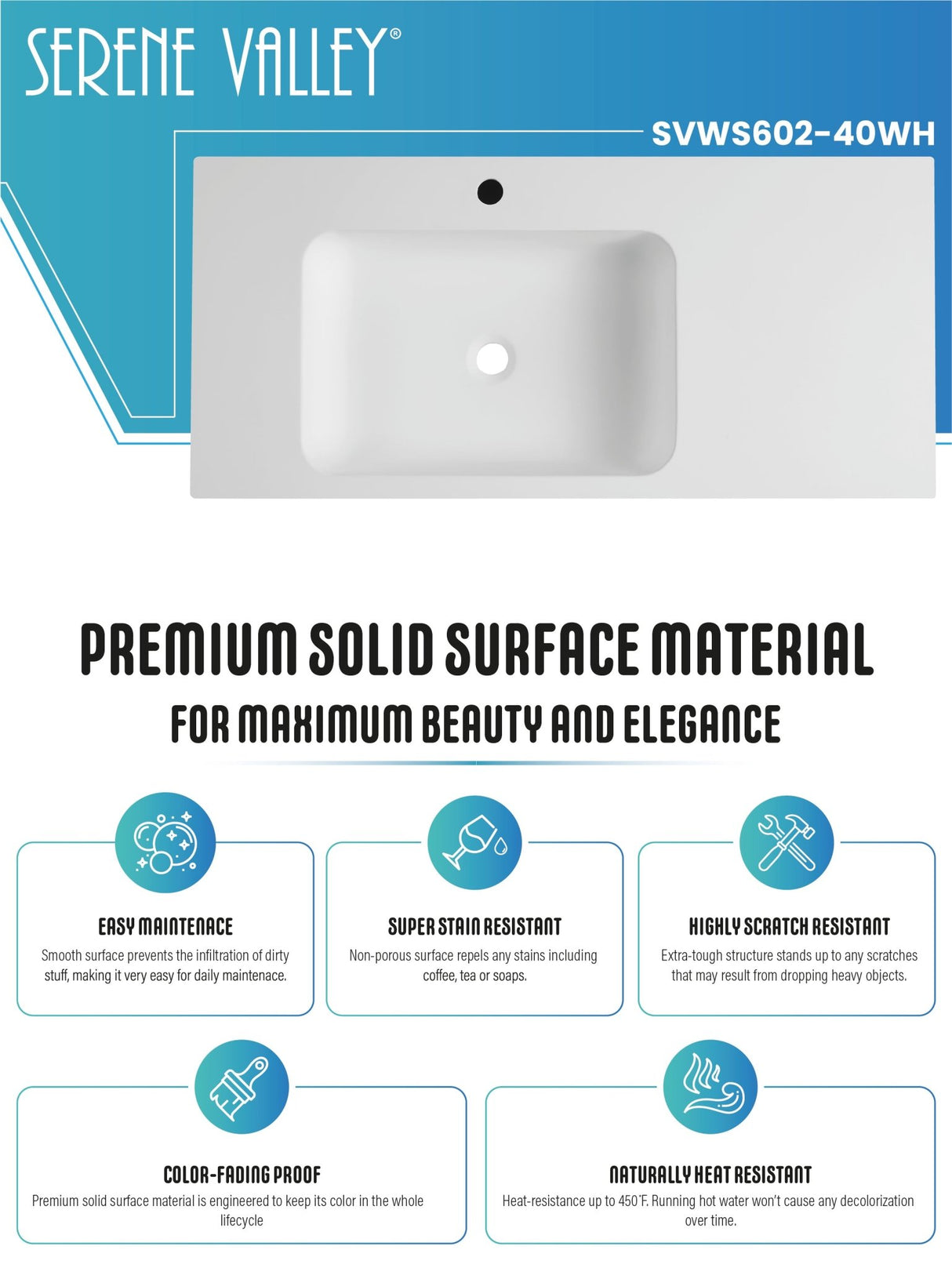 Bathroom Sink, Solid Surface Material, Wall - Mount or Countertop Install, 40" with Single Faucet Hole in Matte White, SVWS602 - 40WH - Serene Valley