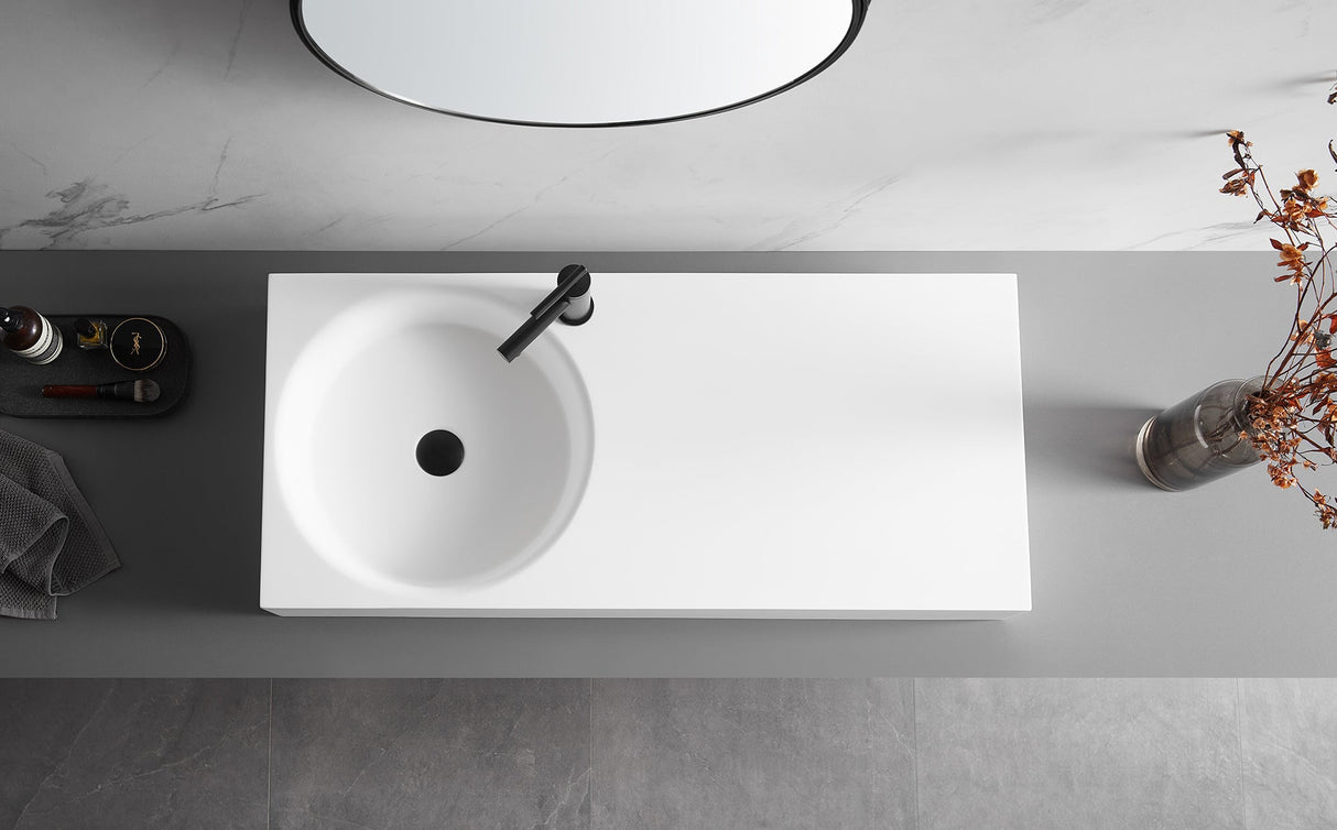 Bathroom Sink, Solid Surface Material, Wall - Mount or Countertop Install, 40" with Single Faucet Hole in Matte White, SVWS603L - 40WH - Serene Valley