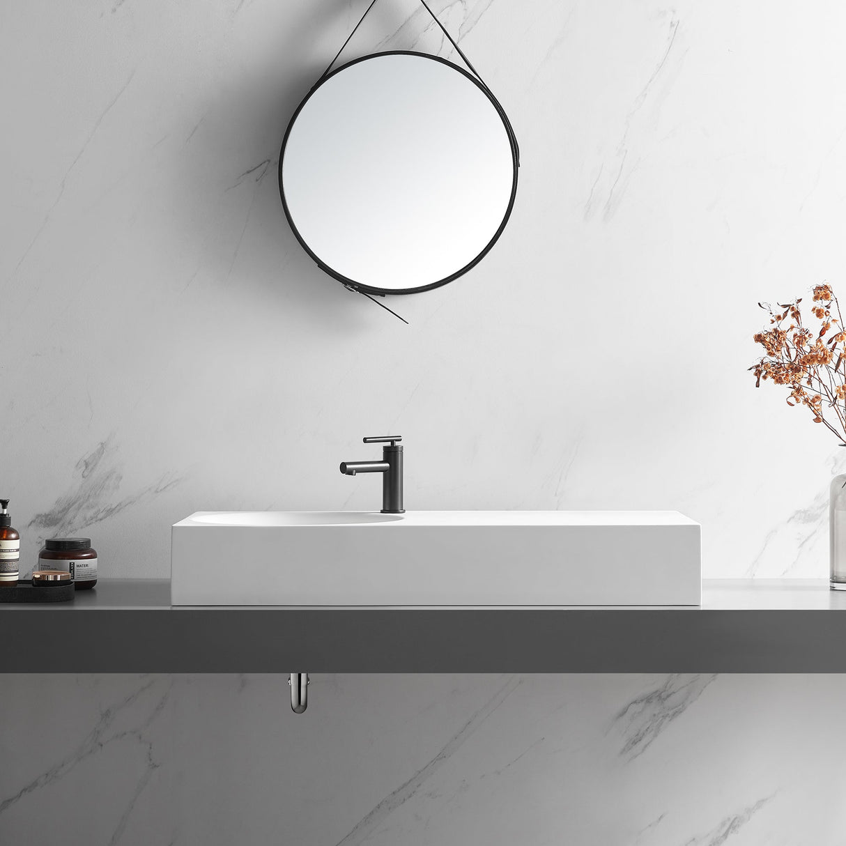 Bathroom Sink, Solid Surface Material, Wall - Mount or Countertop Install, 40" with Single Faucet Hole in Matte White, SVWS603L - 40WH - Serene Valley