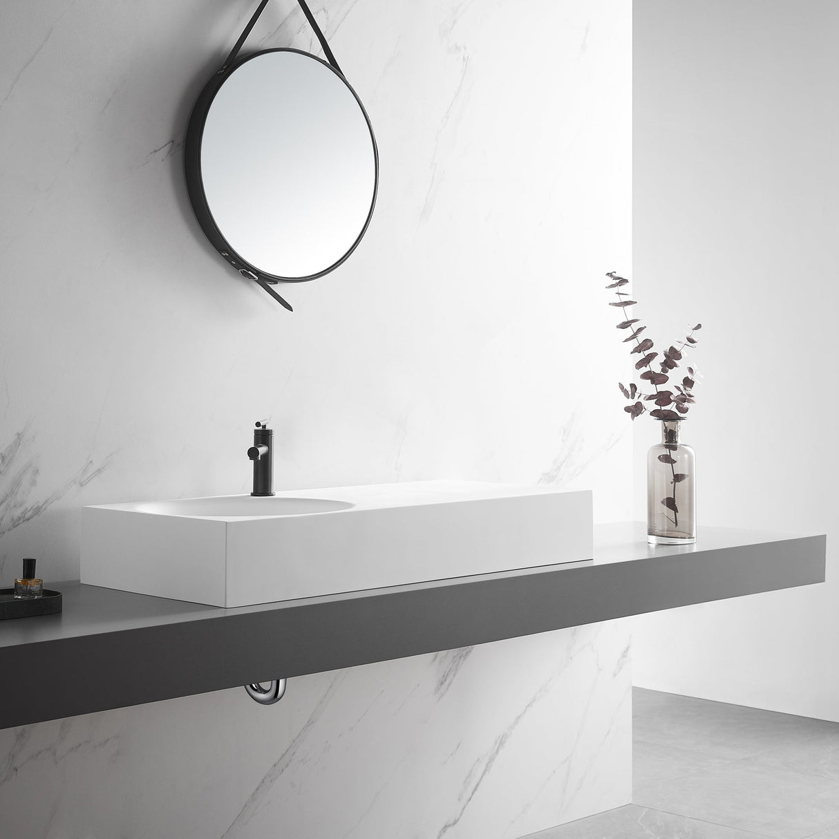 Bathroom Sink, Solid Surface Material, Wall - Mount or Countertop Install, 40" with Single Faucet Hole in Matte White, SVWS603L - 40WH - Serene Valley