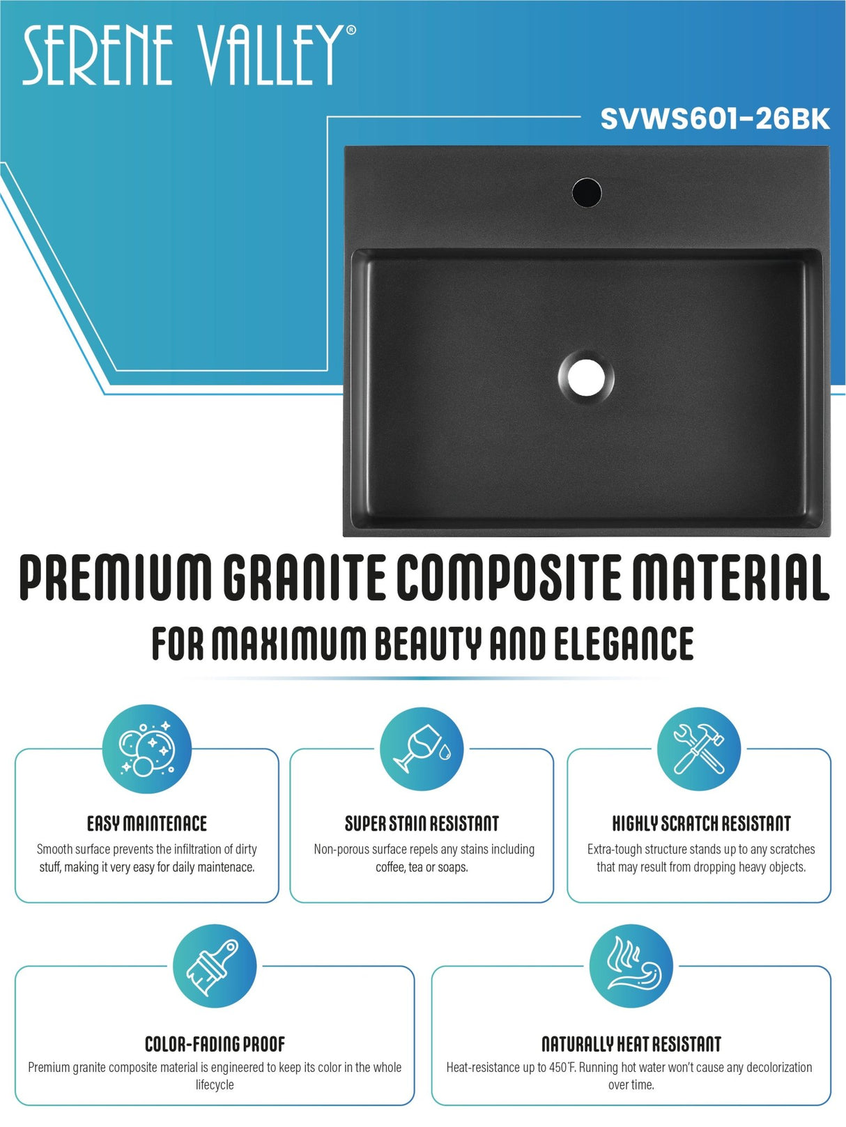 Bathroom sink, Wall - Mount or Countertop Install, 24" Composite Material in Matte Black with Single Faucet Hole, SVWS601 - 26BK - Serene Valley