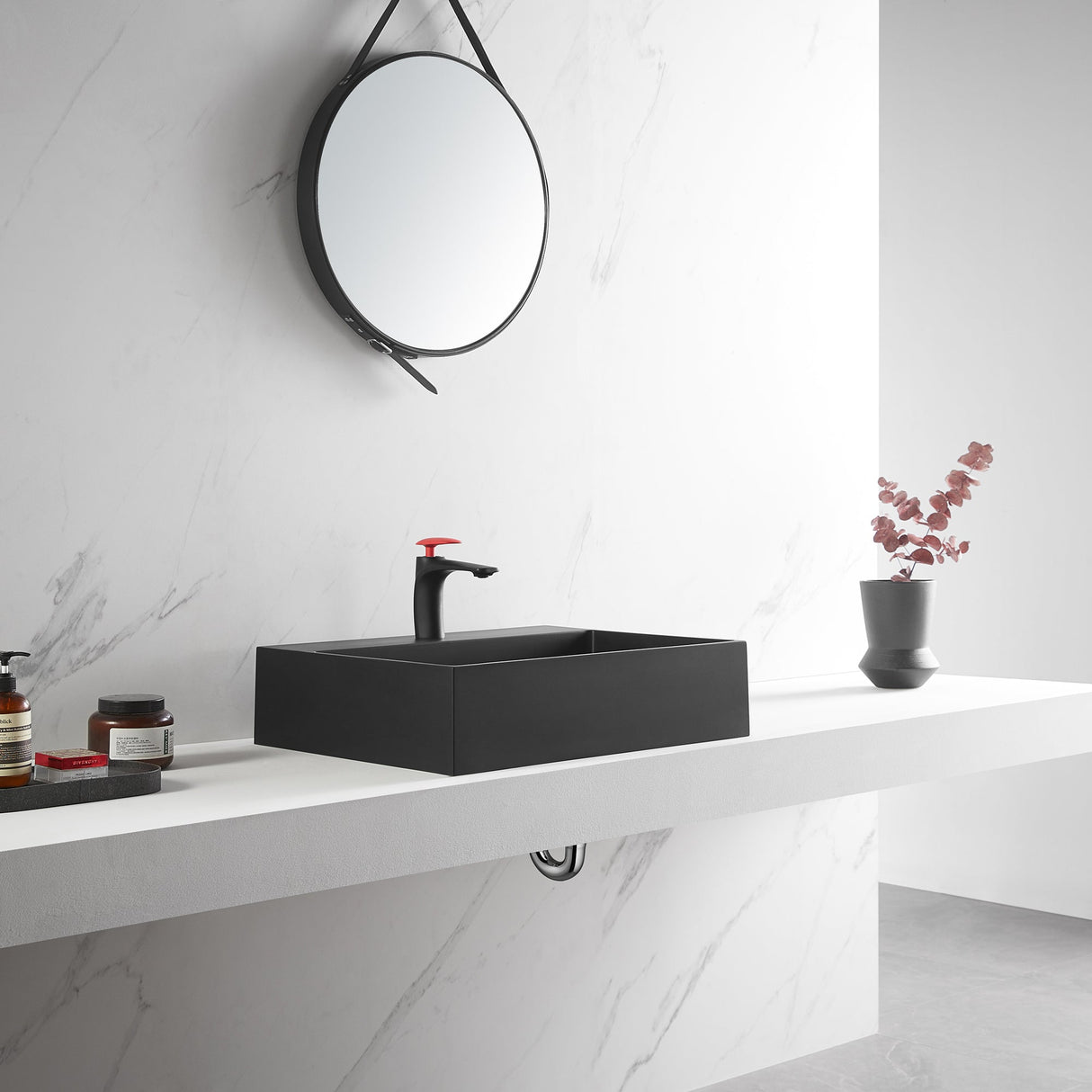 Bathroom sink, Wall - Mount or Countertop Install, 24" Composite Material in Matte Black with Single Faucet Hole, SVWS601 - 26BK - Serene Valley