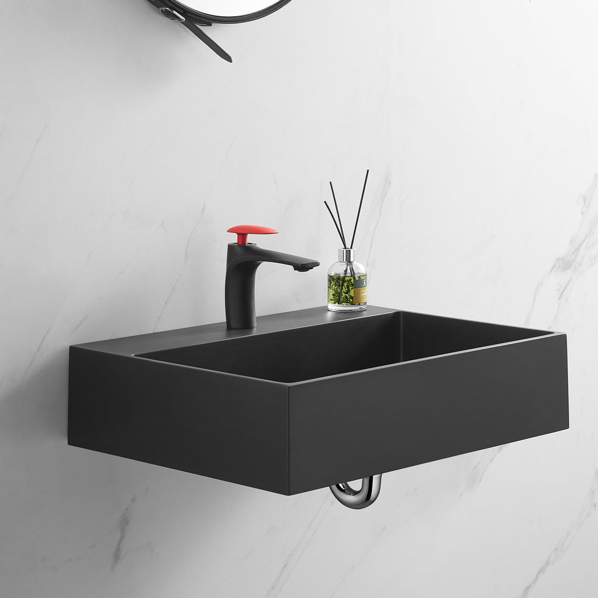 Bathroom sink, Wall - Mount or Countertop Install, 24" Composite Material in Matte Black with Single Faucet Hole, SVWS601 - 26BK - Serene Valley