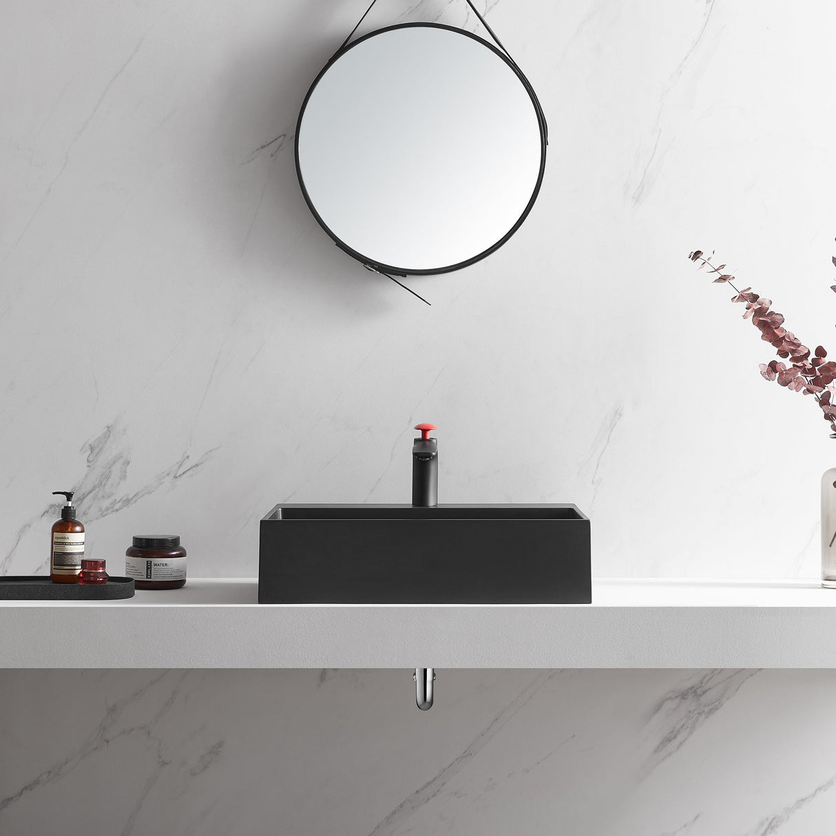 Bathroom sink, Wall - Mount or Countertop Install, 24" Composite Material in Matte Black with Single Faucet Hole, SVWS601 - 26BK - Serene Valley