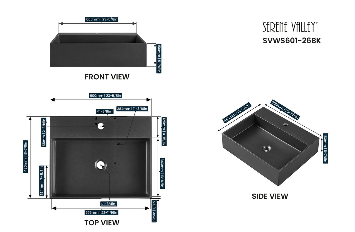 Bathroom sink, Wall - Mount or Countertop Install, 24" Composite Material in Matte Black with Single Faucet Hole, SVWS601 - 26BK - Serene Valley