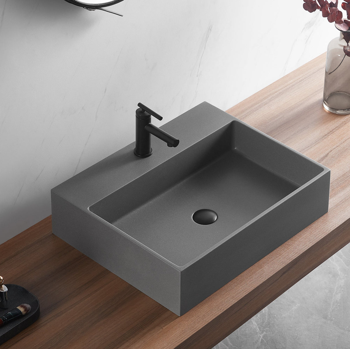 Bathroom sink, Wall - Mount or Countertop Install, 24" Composite Material in Matte Gray with Single Faucet Hole, SVWS601 - 26GR - Serene Valley