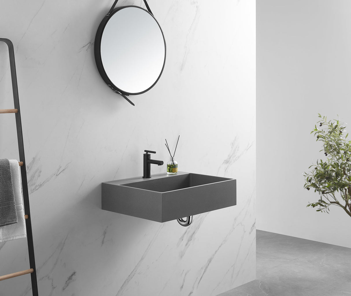 Bathroom sink, Wall - Mount or Countertop Install, 24" Composite Material in Matte Gray with Single Faucet Hole, SVWS601 - 26GR - Serene Valley