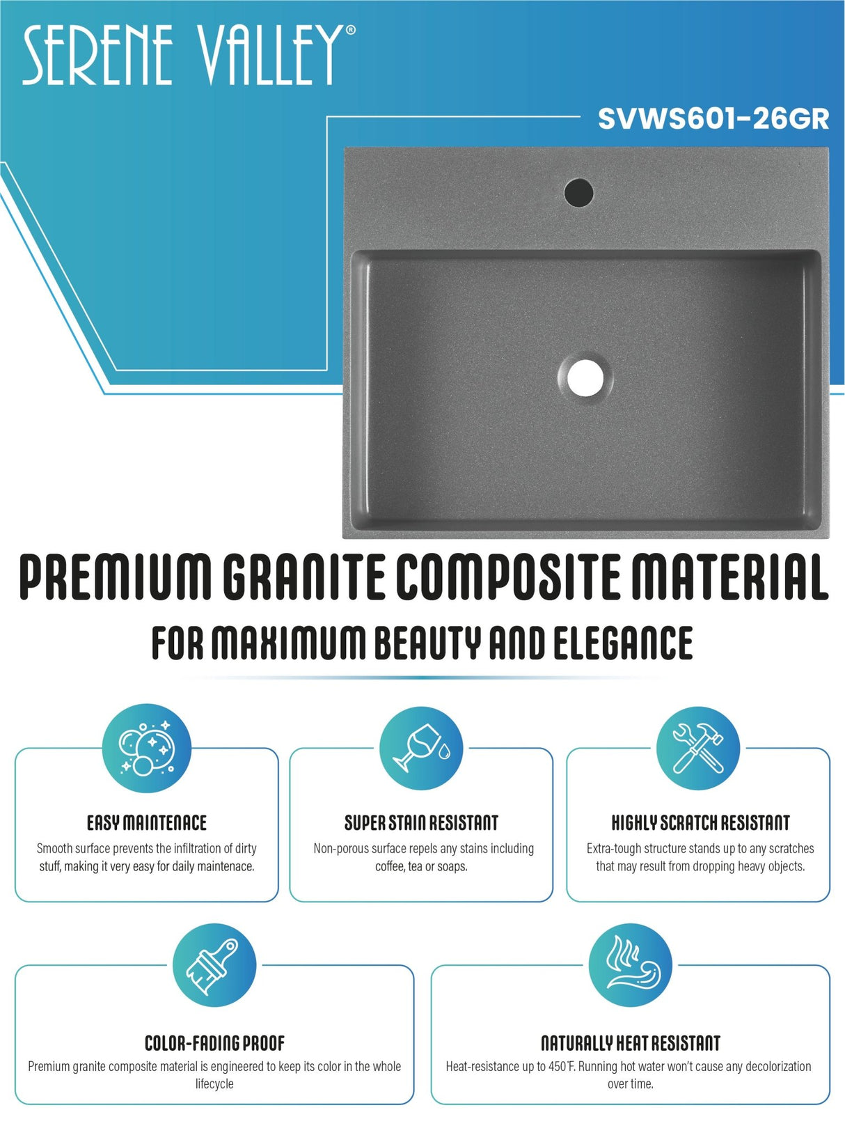 Bathroom sink, Wall - Mount or Countertop Install, 24" Composite Material in Matte Gray with Single Faucet Hole, SVWS601 - 26GR - Serene Valley