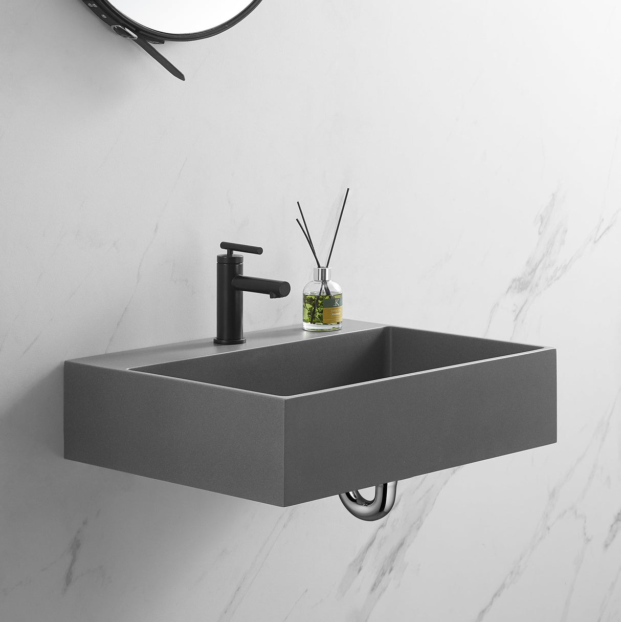 Bathroom sink, Wall - Mount or Countertop Install, 24" Composite Material in Matte Gray with Single Faucet Hole, SVWS601 - 26GR - Serene Valley