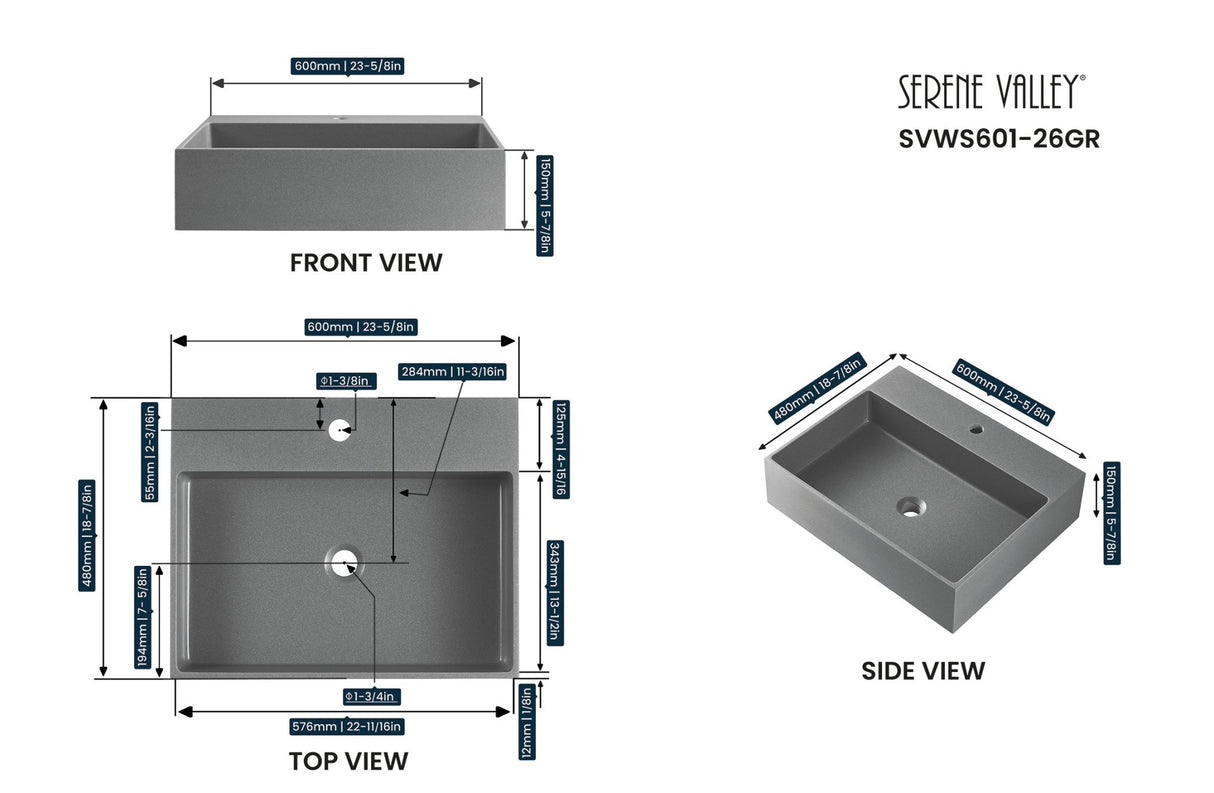 Bathroom sink, Wall - Mount or Countertop Install, 24" Composite Material in Matte Gray with Single Faucet Hole, SVWS601 - 26GR - Serene Valley